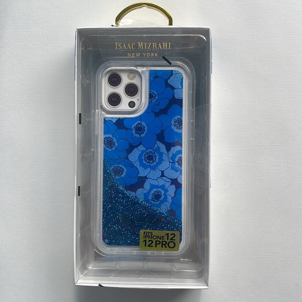 NWT ISAAC MIZRAHI iPHONE 12/ 12 PRO CASE LIQUID GLITTER BLUE FLORAL
